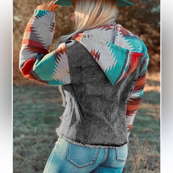 Multicolor Black Denim Jean Button Up Jacket Aztec Pattern Fleece Hoodie - Picture 6 of 7